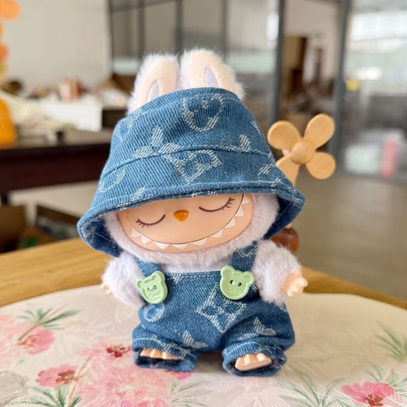 Labubu Denim Outfit – Handmade Blue Overalls & Bucket Hat Set for 17CM/6.7IN Dolls - Image 2
