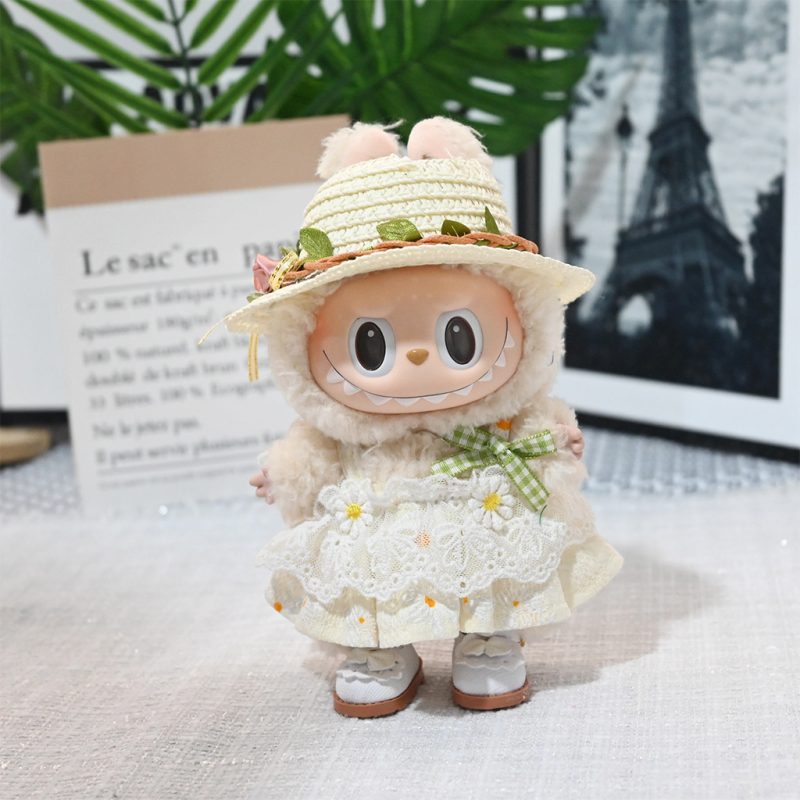 Labubu Clothes – Handmade Lace Dress & Straw Hat Outfit for 17CM/6.7IN Dolls