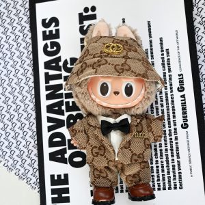 Labubu Clothes Luxury Brown Suit Set – Blazer, White Shirt, Bow Tie & Hat for 17CM/6.7IN Dolls