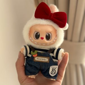 Labubu Red Bow & Striped Shirt Denim Outfit – Cute Handmade Clothes for 17CM/6.7IN Labubu Dolls