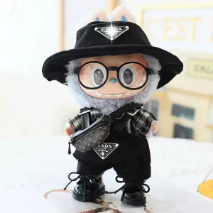 Labubu Clothes Trendy Black Outfit Set – Plaid Shirt, Overalls, Hat, Crossbody Bag & Shoes for 17CM/6.7IN Dolls