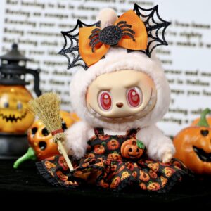 Halloween Skeleton Pumpkin Dress with Spider Headband for Labubu